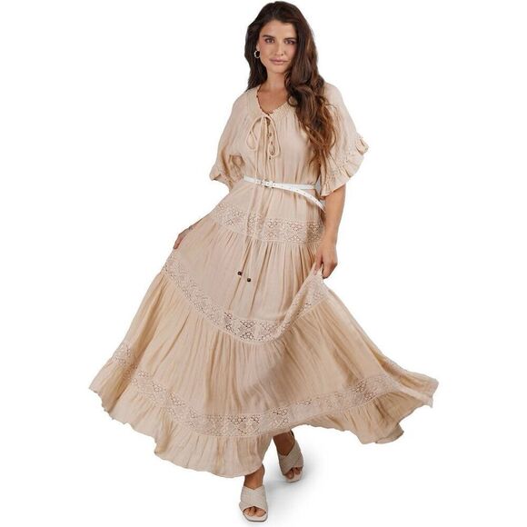 Saachi Women's Beige Tiered Lace Trim Long Kaftan Dress One Size NWOT - Picture 4 of 10
